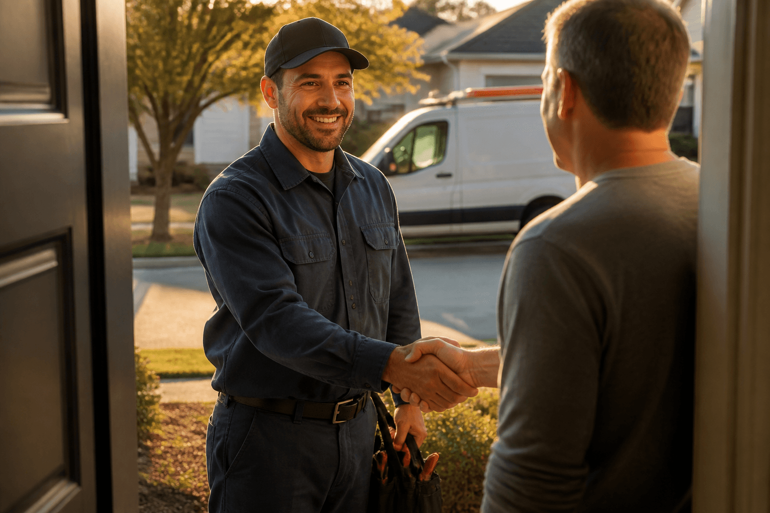 Technician greeting a homeowner at the door