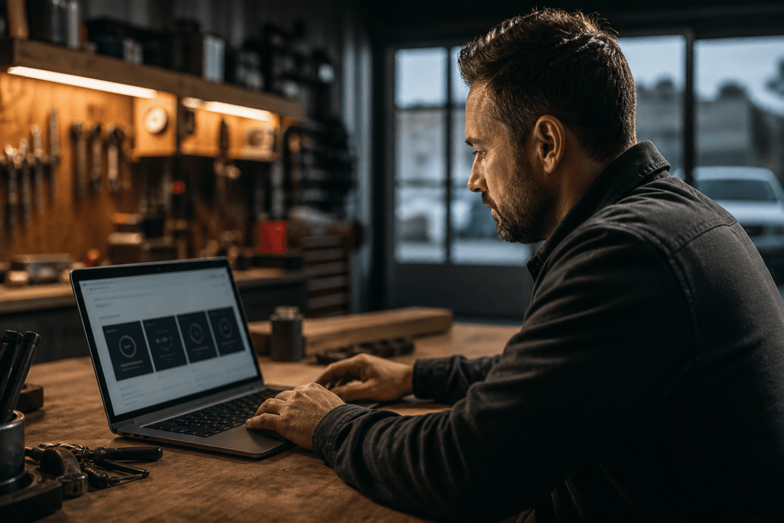 Service business owner reviewing a dashboard in the workshop