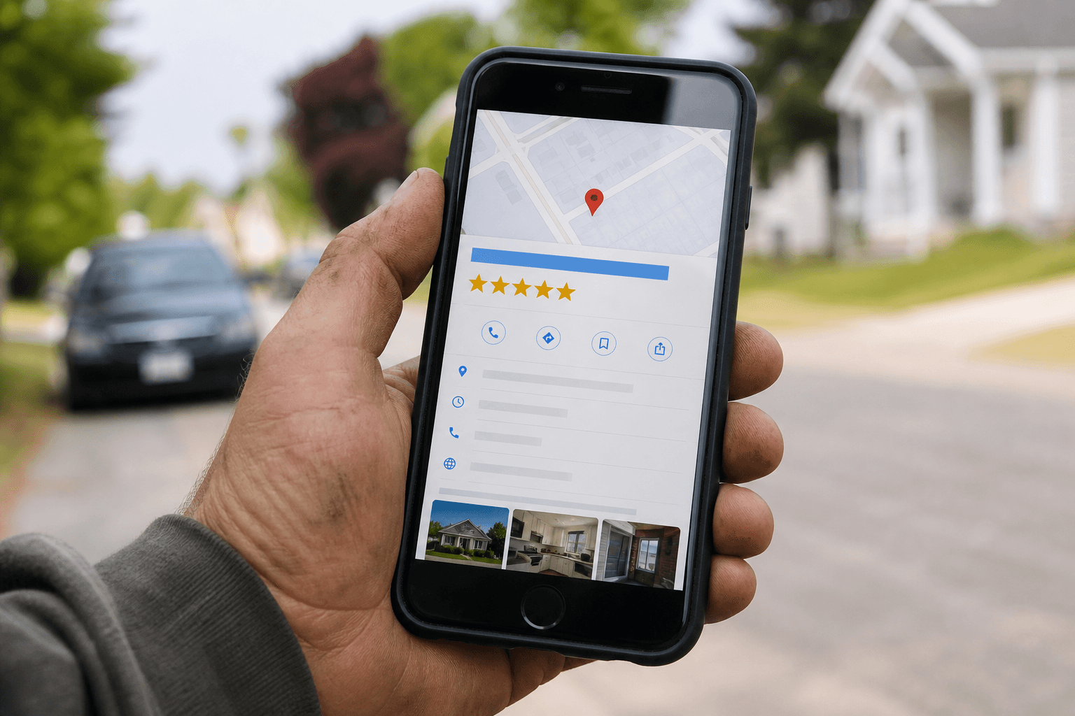 Local business listing with reviews on a phone